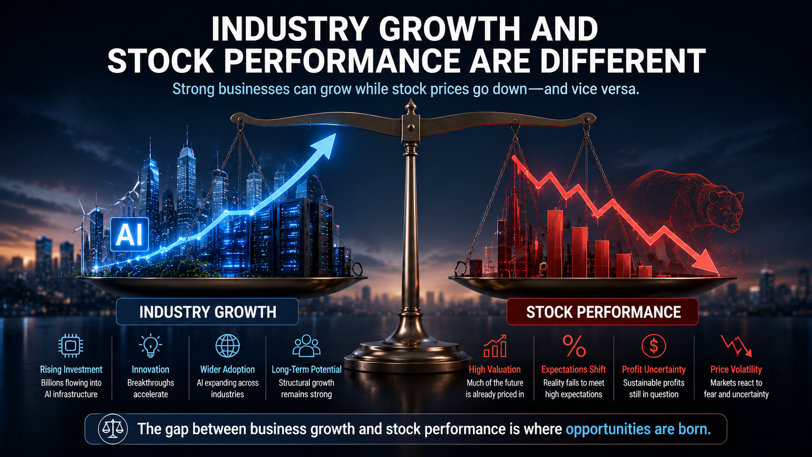 Balance scale comparing AI industry growth and stock market performance, demonstrating the gap between business fundamentals and share price movements.