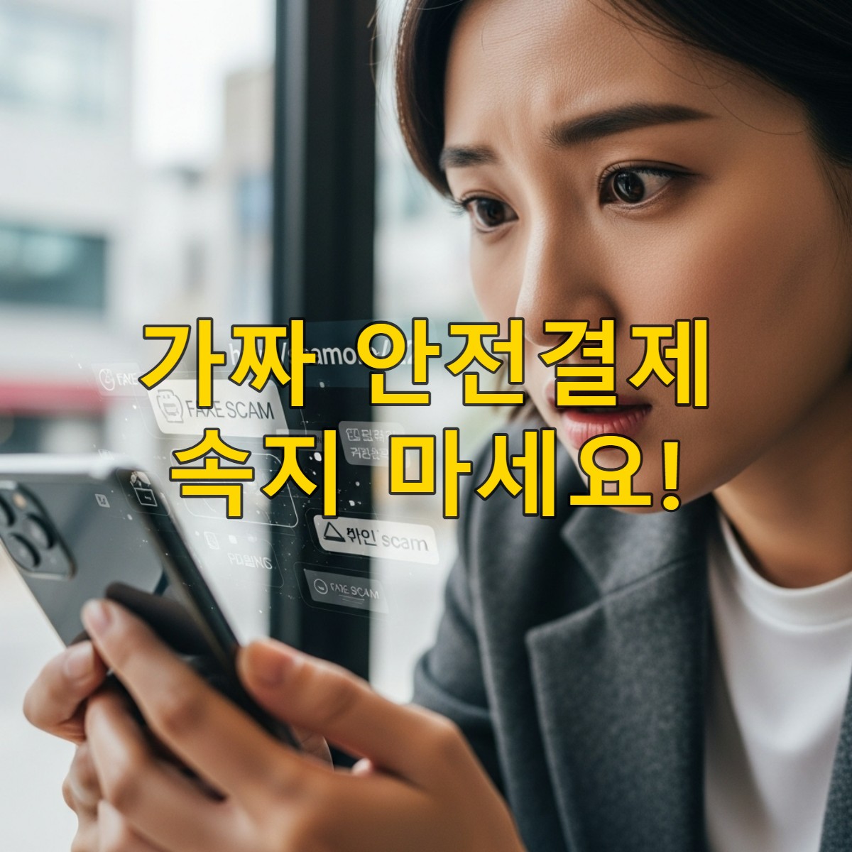 중고거래 사기 화면을 보며 놀란 표정의 한국인. 가짜 안전결제 사이트와 3자 사기에 대한 경각심을 표현한 이미지.