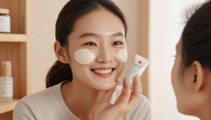 마데카 크림 효능을 체험하며 피부에 바르는 모습