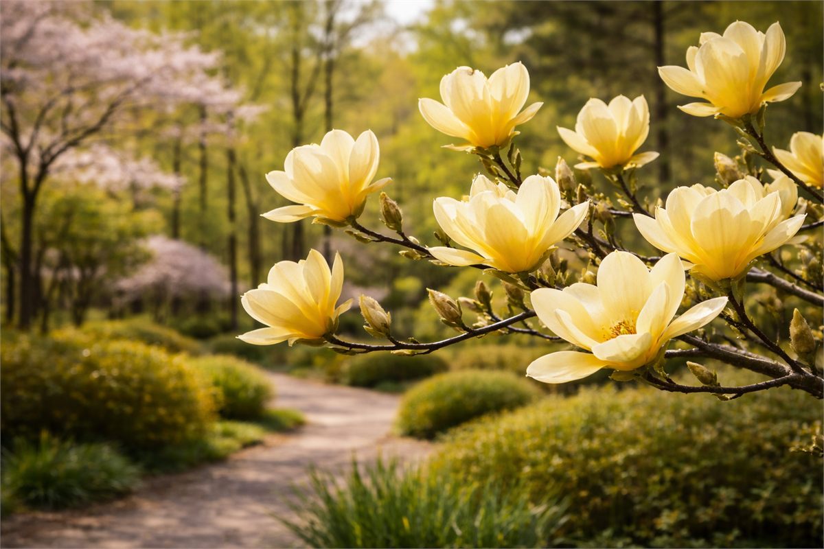 조용한 정원에 노란 계열 목련이 산뜻하게 핀 모습 