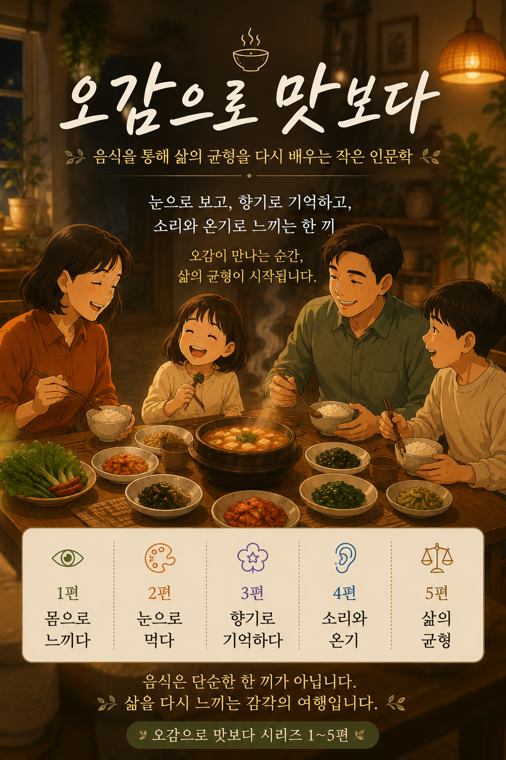 Warm family dinner around a traditional Korean table, symbolizing the harmony of the five senses, food, memory, and the balance of life.