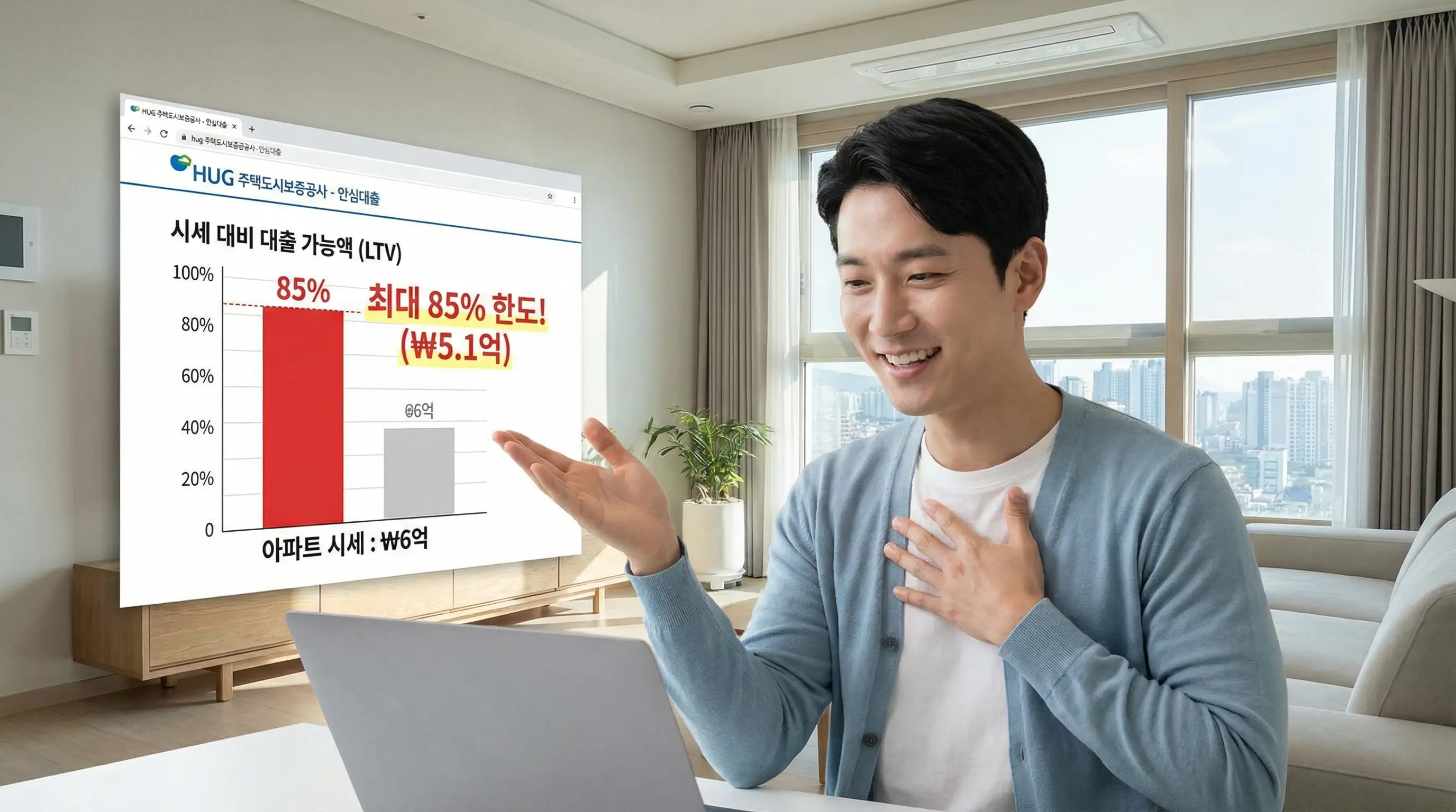 아파트 시세 대비 대출 가능 금액을 그래프로 확인하고 85%까지 채워지는 한도를 보며 만족해하는 모습