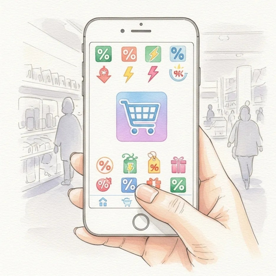 스마트폰으로 쇼핑 앱을 확인하는 손