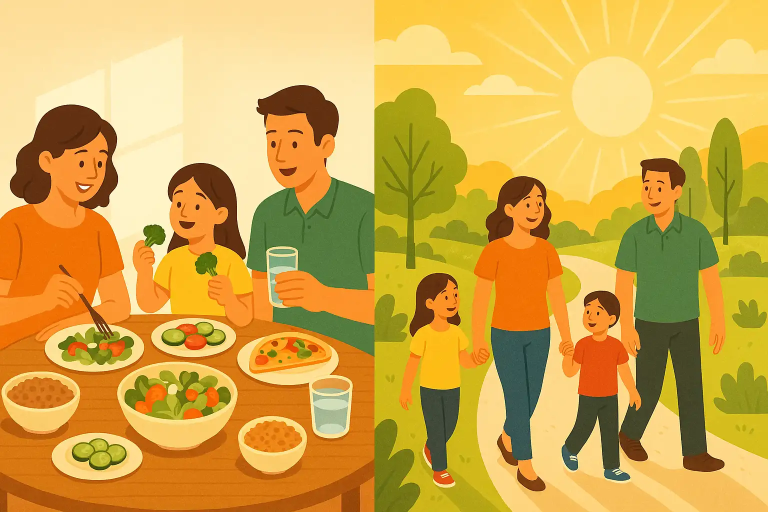 가족이 함께 식탁에서 채소와 통곡물을 먹는 장면, 식사 후 산책하는 모습