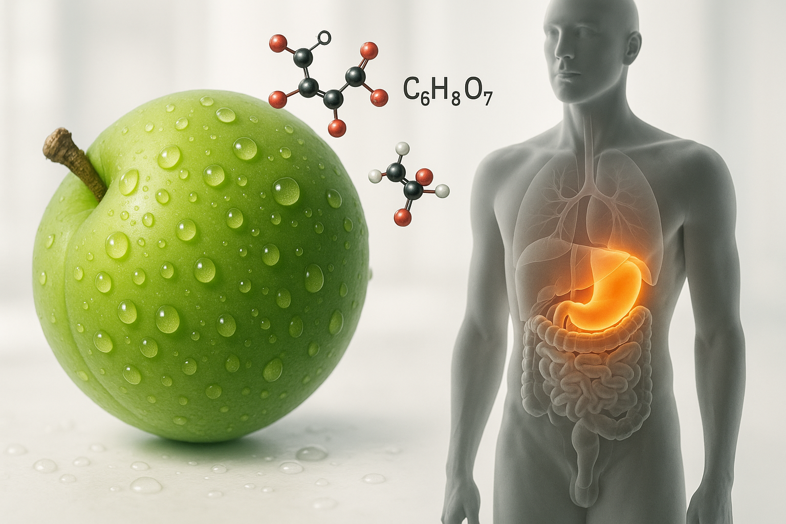 구연산이 인체의 소화기관, 특히 위장과 연관된 작용을 시각화한 이미지