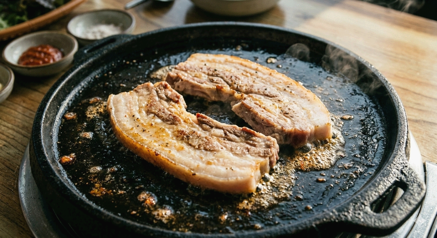 달궈진 불판 위에서 노릇하게 익어가며 기름을 내는 삼겹살 조리 과정