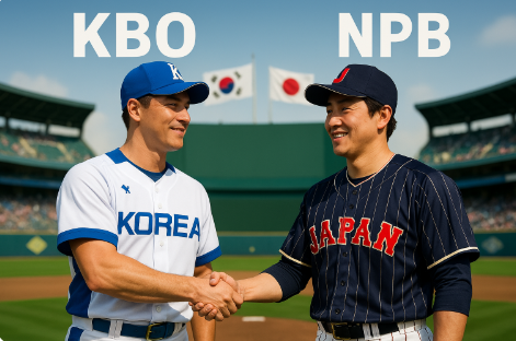 KBO선수와 NPB 선수가 악수하고 있는 모습