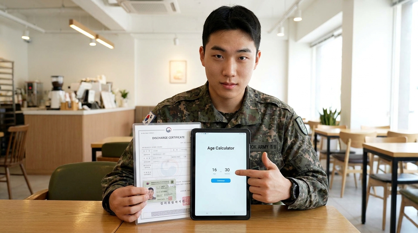 군필자가 병역 기간을 나이에서 차감하여 청년도약계좌 가입 여부를 확인하는 모습