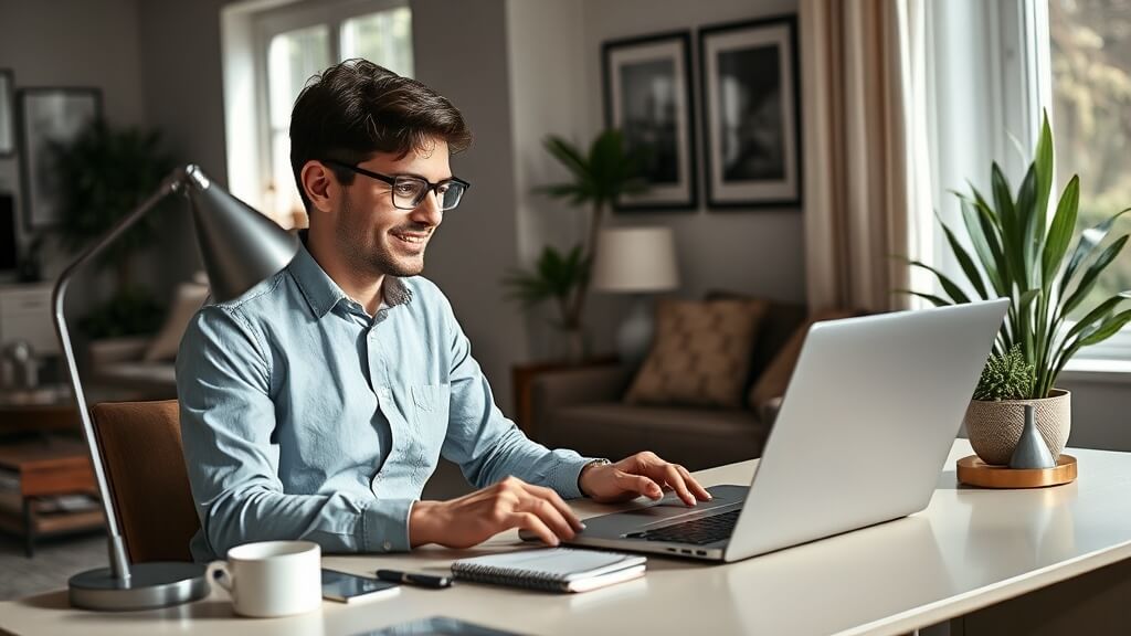 집에서 편안한 차림으로 노트북을 이용해 재택근무를 하거나 화상 회의에 참여하는 직장인의 모습. 유연한 업무 환경을 상징한다