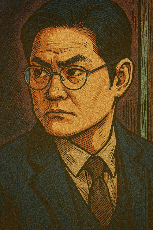 안경을 착용하고 진지한 표정으로 좌측을 응시하는 중년 남성의 만화풍 일러스트