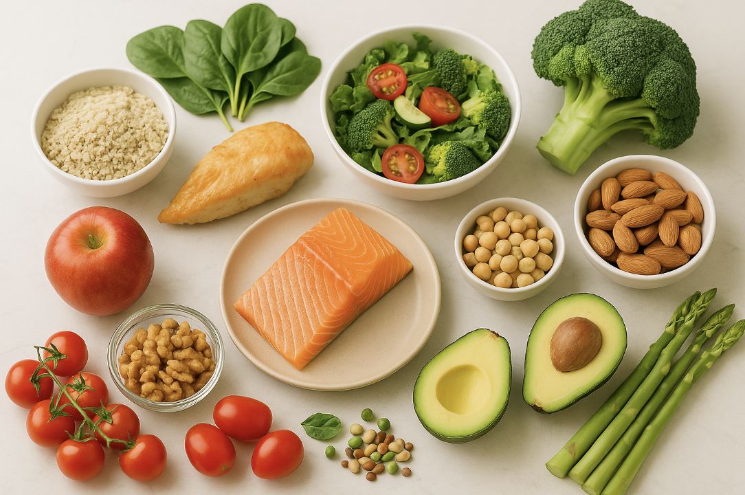 테이블 위에 연어, 닭가슴살, 아보카도, 토마토, 브로콜리, 시금치, 아몬드 등 건강한 식재료가 놓여 있는 모습 사진