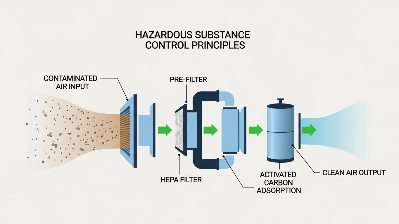 유해물질 관리 공학적 원리를 설명하는 다이어그램 이미지. 유해물질 입자가 포함된 공기가 정화 설비로 유입되어 깨끗한 공기로 배출되는 과정을 보여줌.
