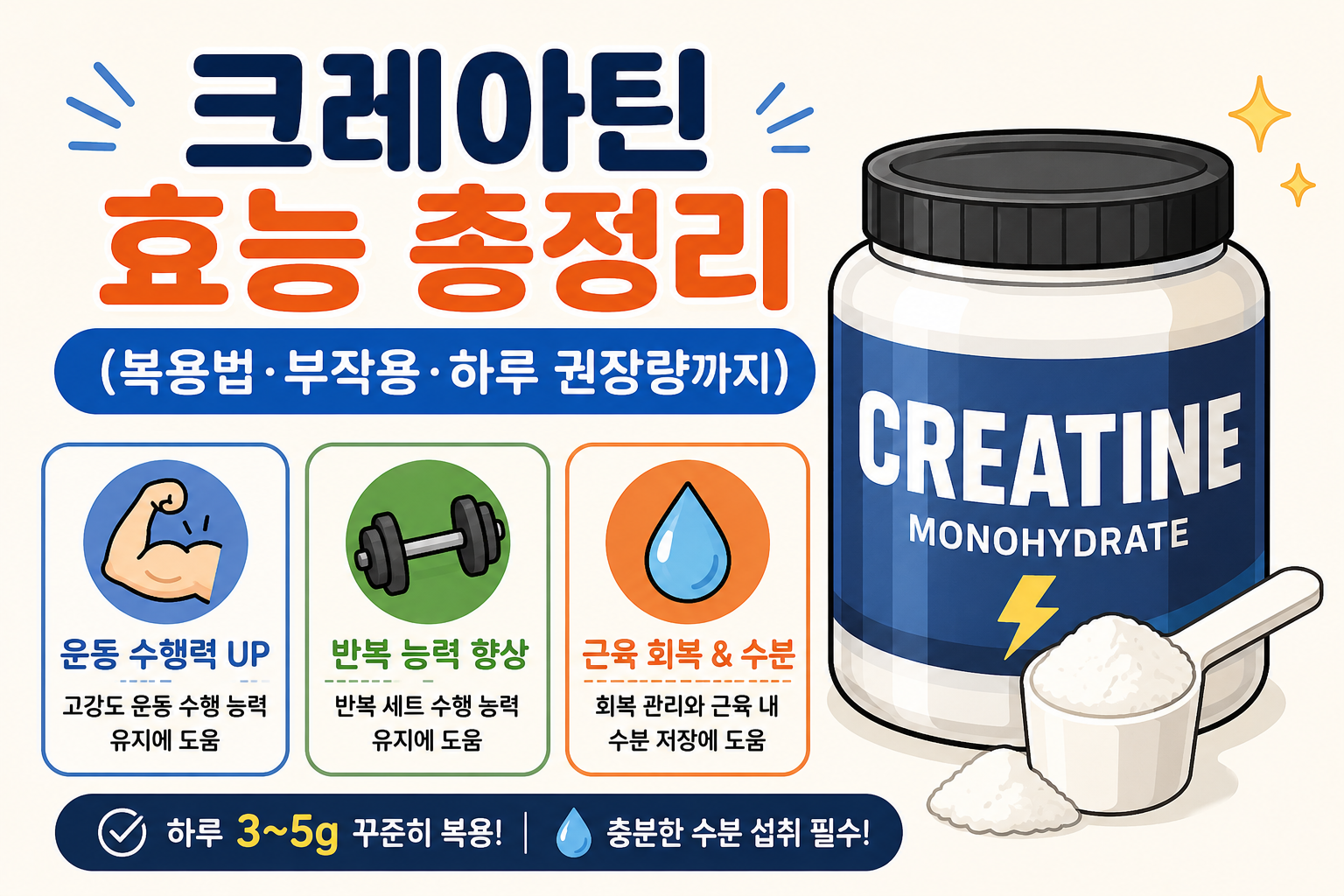 크레아틴 효능 총정리 (복용법·부작용·하루 권장량까지) -사진-