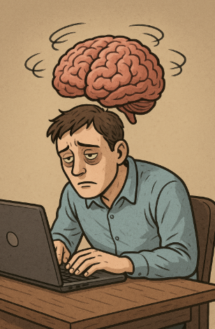 AI의 과도한 사용으로 두뇌회전이 느려진 인간의 이미지