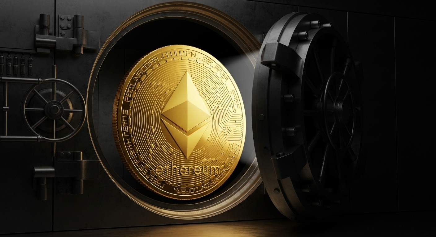 이더리움 로고가 박힌 코인이 은행 금고 앞에서 빛나고 있는 모습