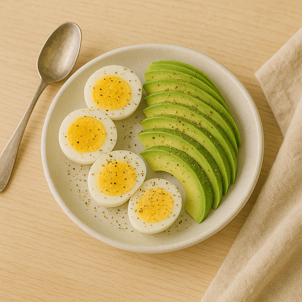 alt="삶은 달걀과 아보카도 슬라이스가 플레이팅된 접시 ❘ Plate with boiled eggs and sliced avocado"