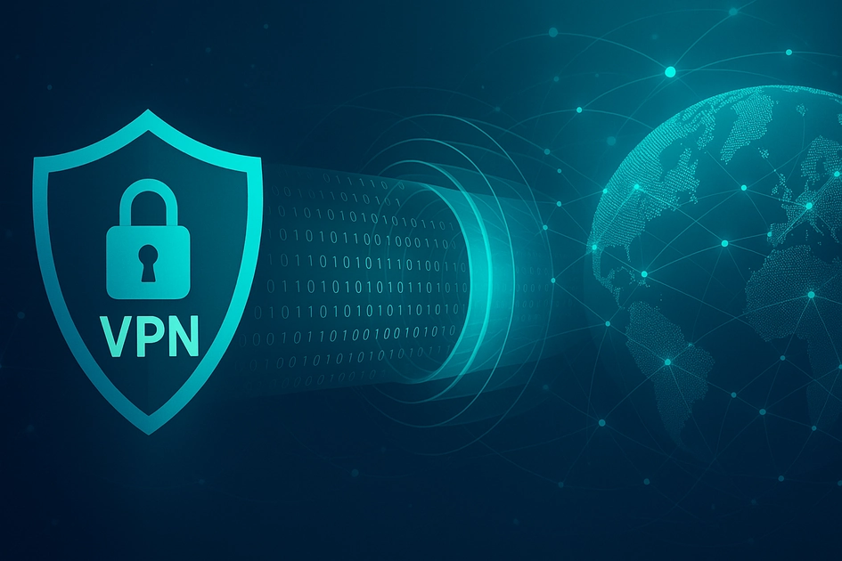 VPN 보안 및 네트워크 프로토콜 완벽 가이드 - 암호화 터널과 글로벌 네트워크 연결을 시각화한 일러스트