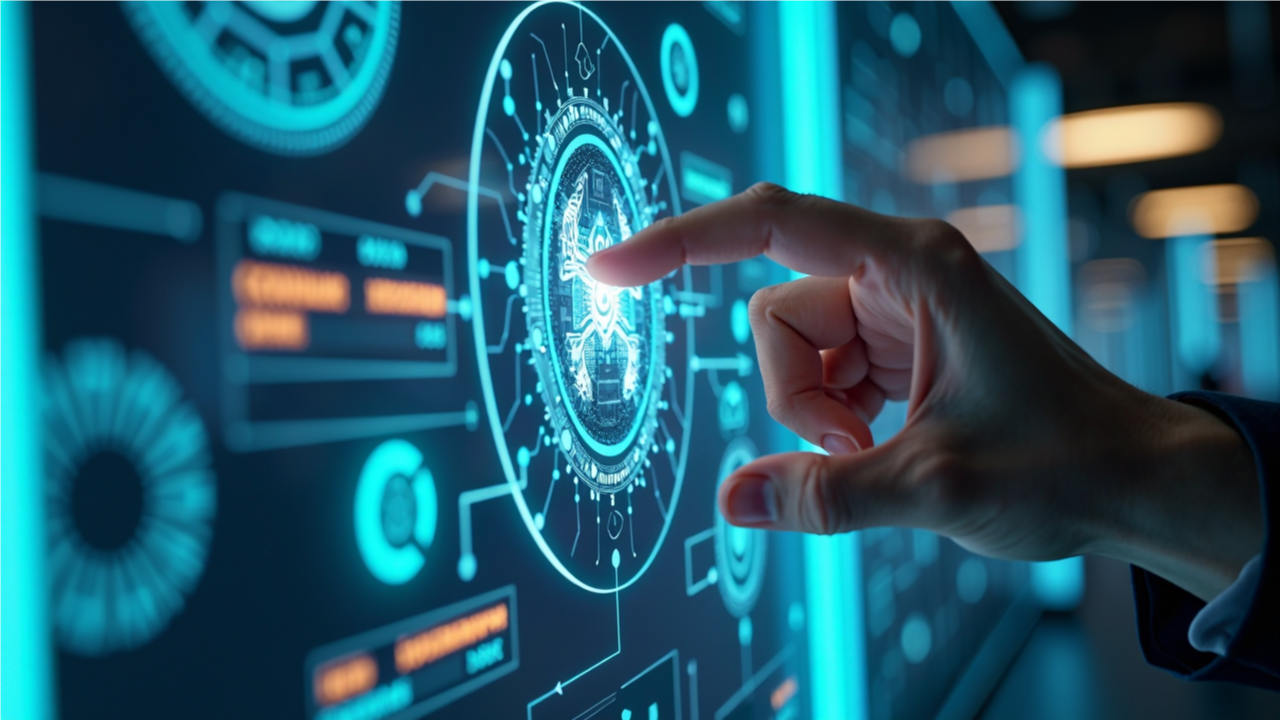 디지털 인터페이스에서 AI 알고리즘과 인간의 손이 협력하여 데이터를 분석하고 최적화된 입력을 설계하는 장면