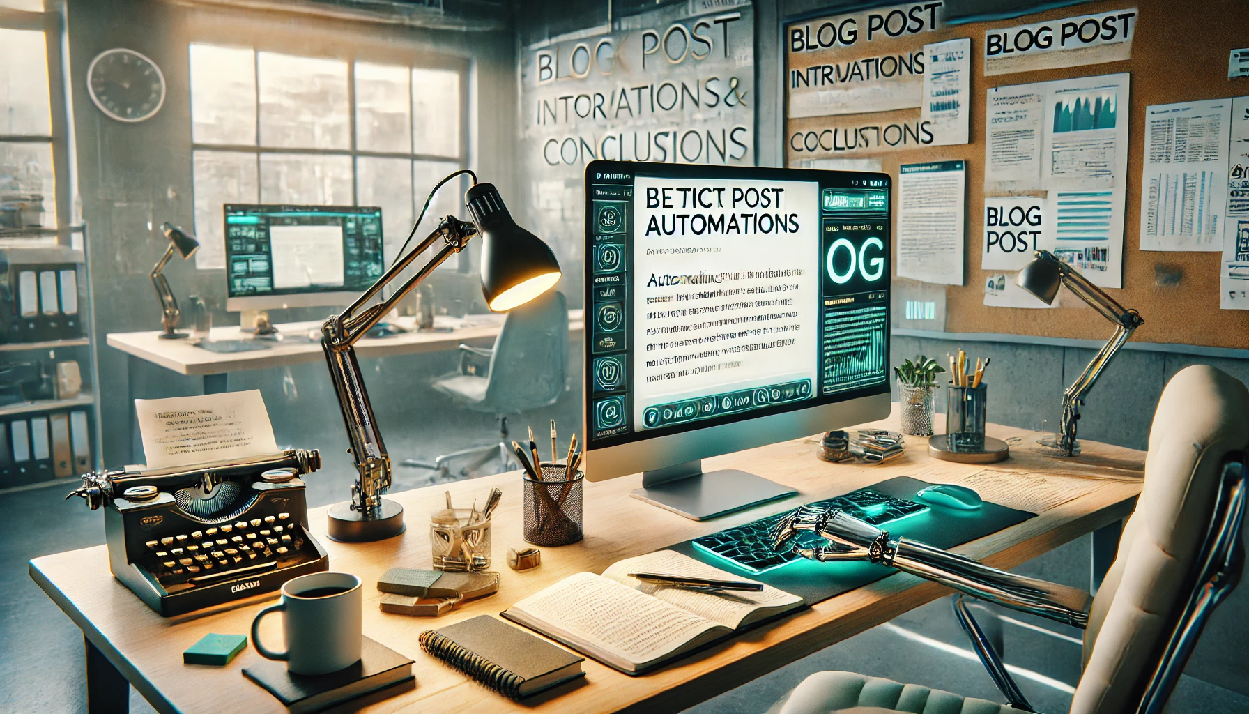 반복적인 글쓰기 작업이 자동화되는 효율적인 작업 공간의 초현실적인 이미지는 다음과 같습니다. 현대적인 컴퓨터, 잘 정리된 요소, 장면을 비추는 자연광을 통해 생산성과 창의적 초점의 본질을 포착합니다.