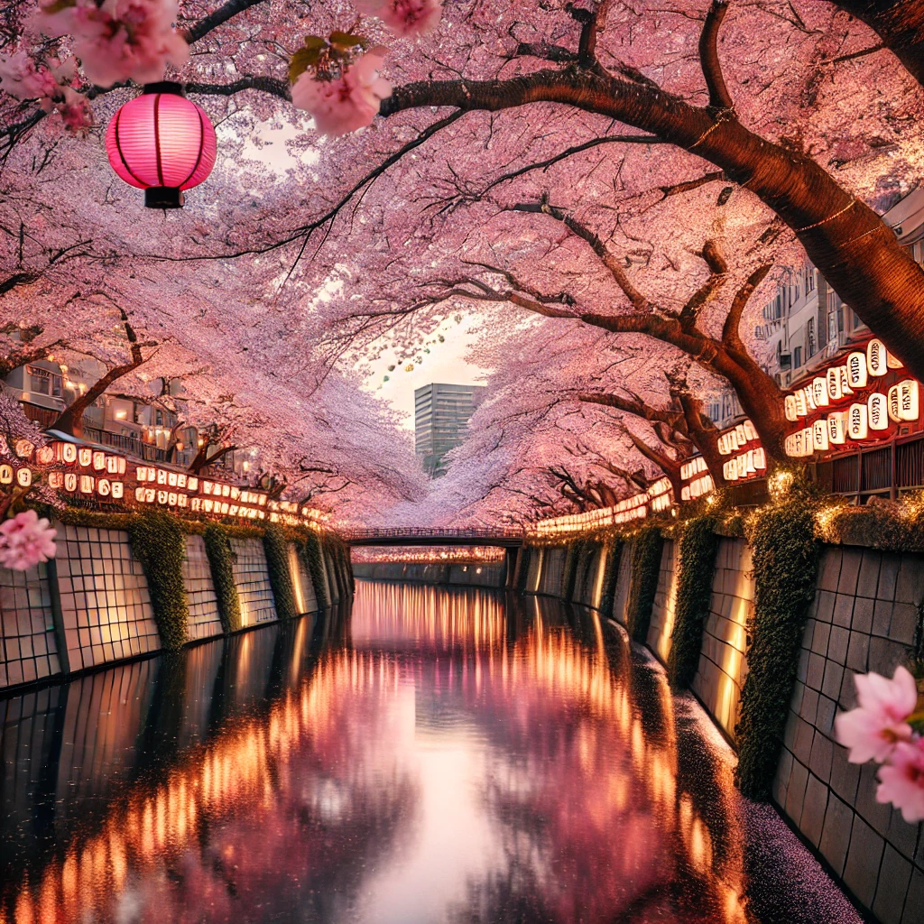 메구로 강을 따라 벚꽃이 만발한 사진