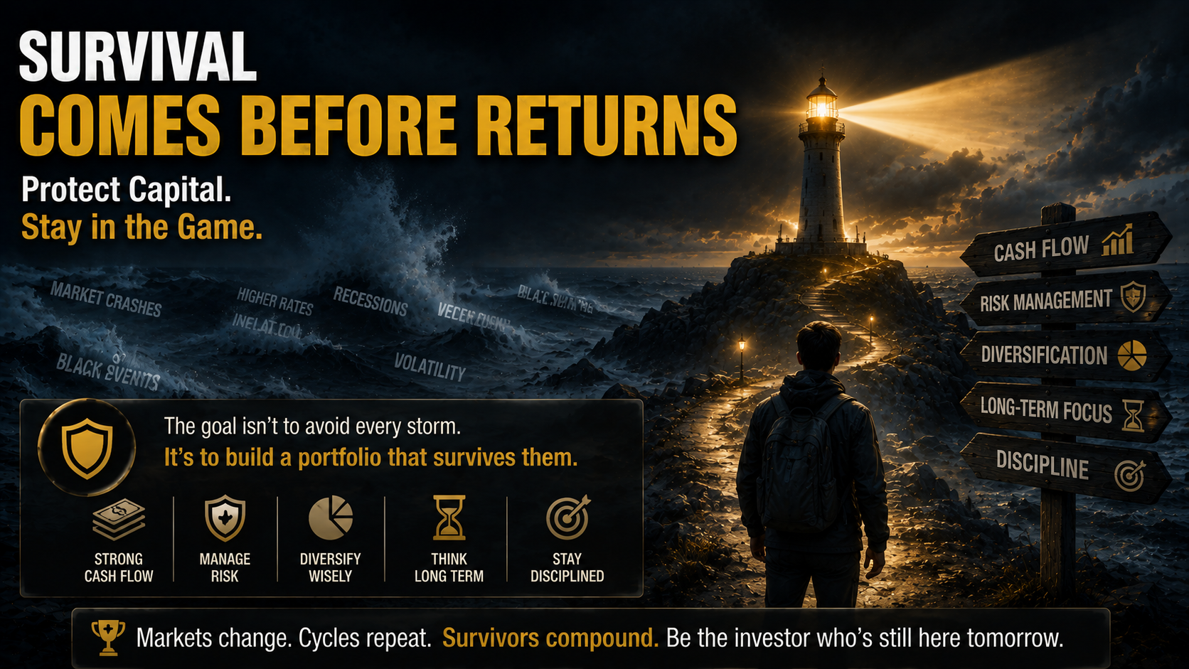 Long-term investor surviving market volatility through cash flow risk management diversification and disciplined investing