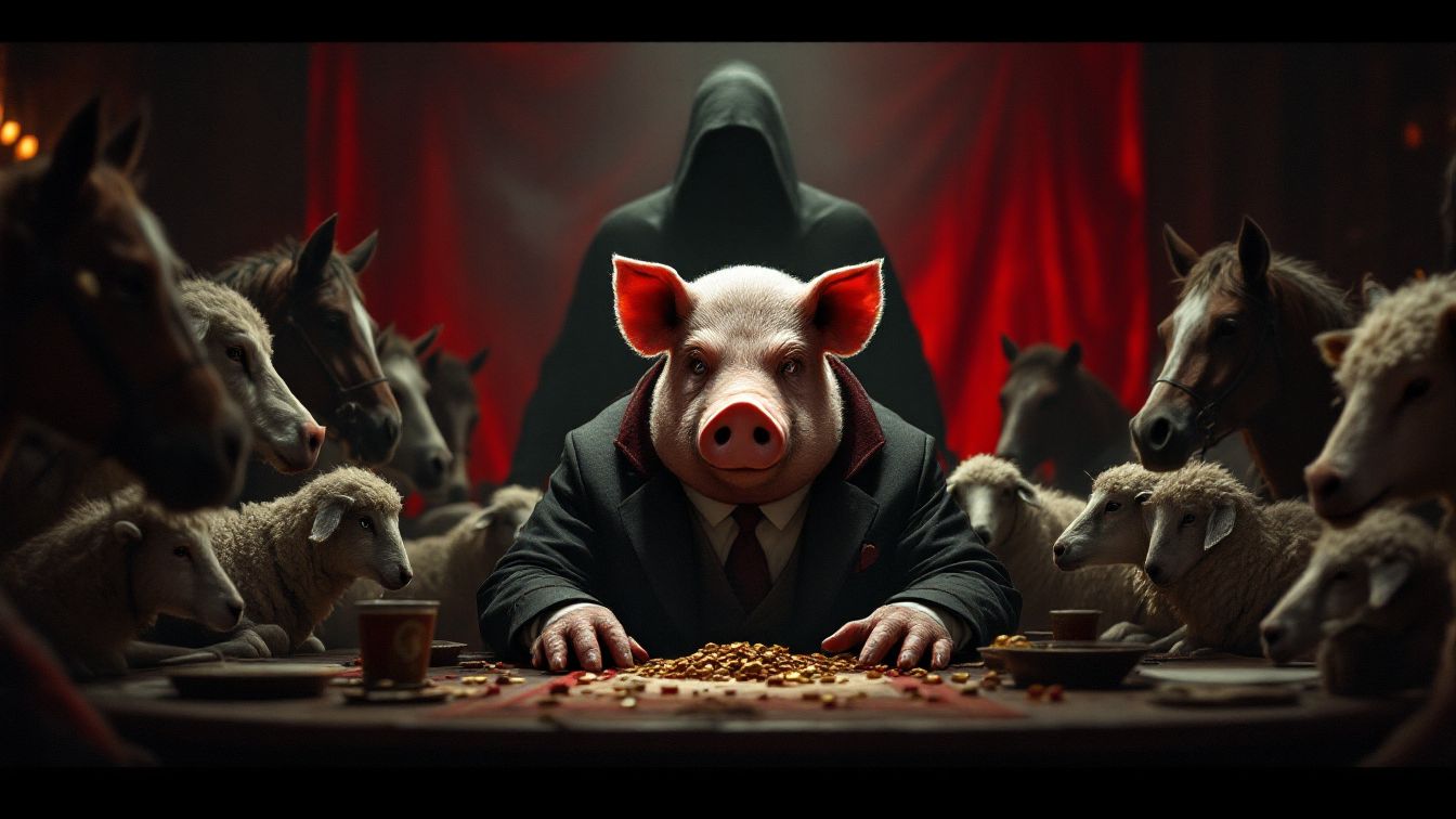 정장 차림의 돼지 독재자가 테이블 앞에 앉아 양과 말들에게 둘러싸여 있는 장면, 조지 오웰 『동물농장』의 정치 우화를 상징하는 이미지