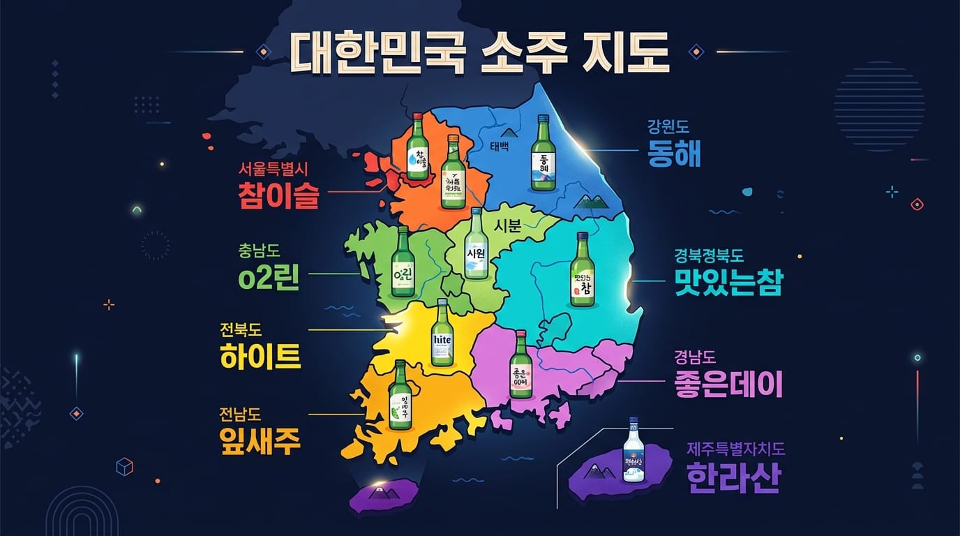 한국 지역별 소주 브랜드 지도 자도주 의무구매제 지역 판매권 구분 설명 이미지