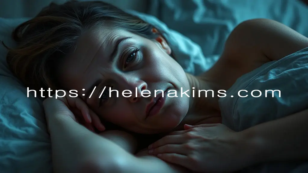 점차 삶의 활력을 잃고 만성 피로에 지쳐가는 여성의 모습. 눈 밑은 어둡고, 피부에는 미세한 잔주름과 칙칙함이 느껴지며, 침대 위에서 뒤척이는 듯 잠 못 드는 모습.