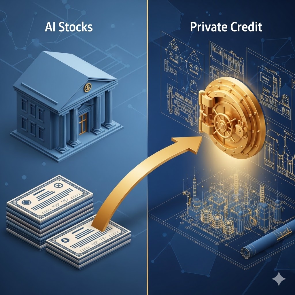 Conceptual illustration of a golden vault and infrastructure blueprint representing Private Credit, contrasting with traditional bank buildings.