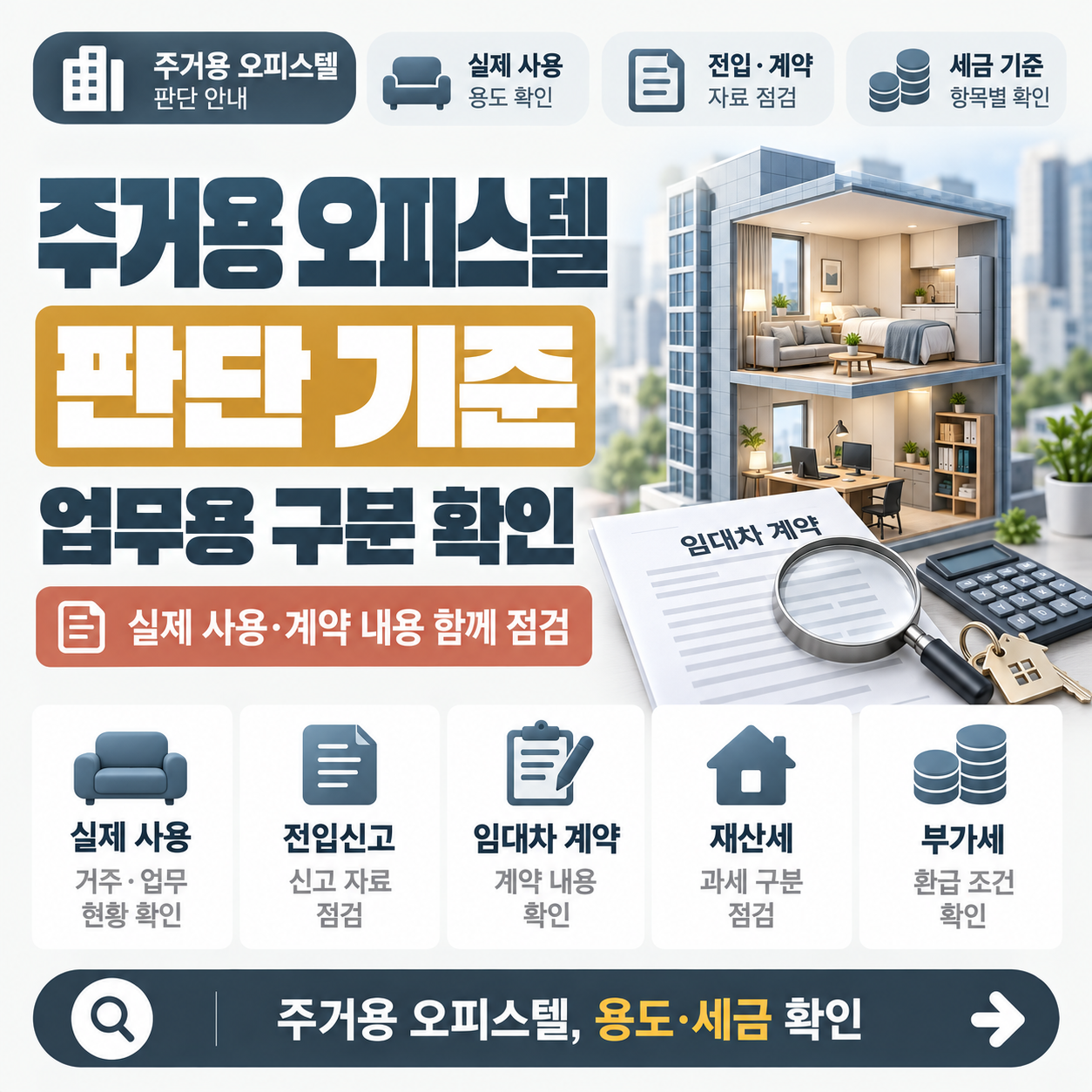 주거용 오피스텔과 업무용 오피스텔의 판단 기준을 비교한 안내 이미지