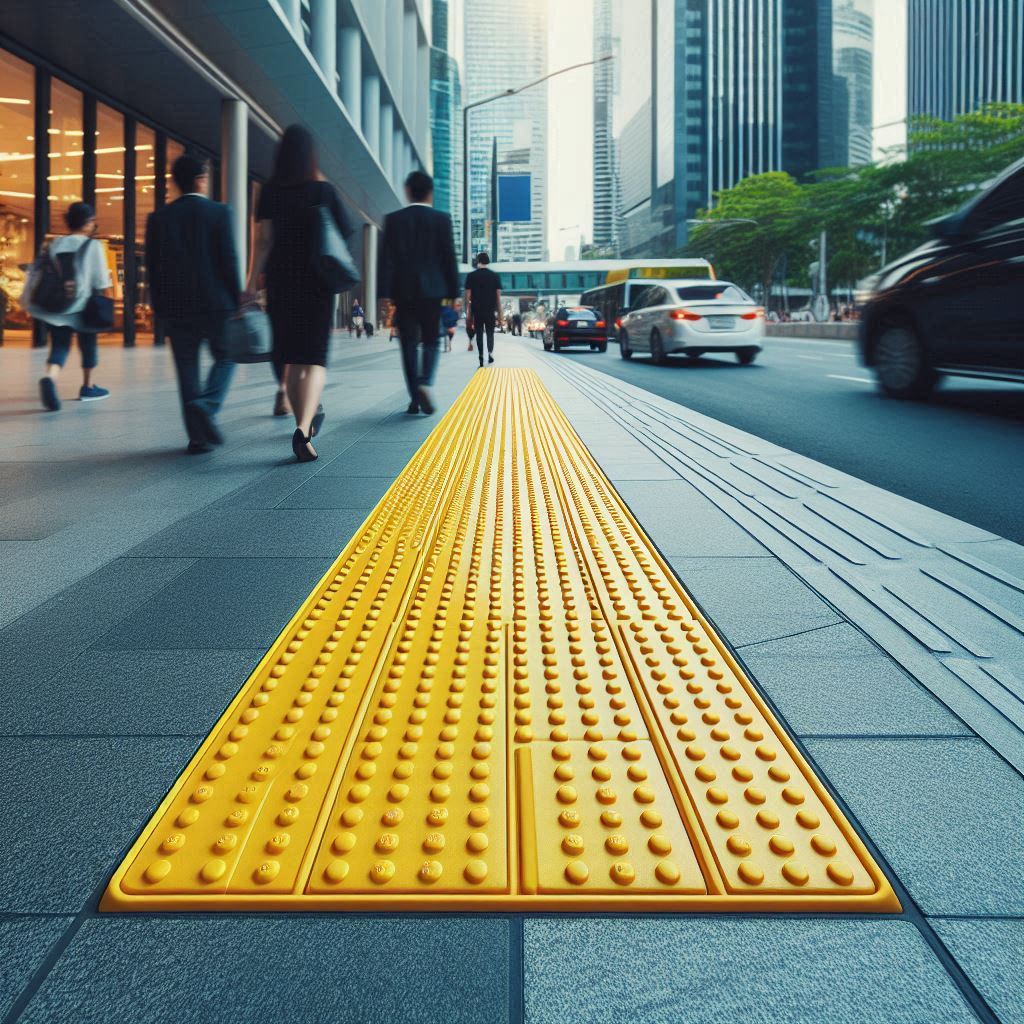 도시 거리의 보도에 설치된 노란색 점자블록. 주변에는 보행자들이 지나가고 있으며, 배경에는 현대적인 건물들이 보인다