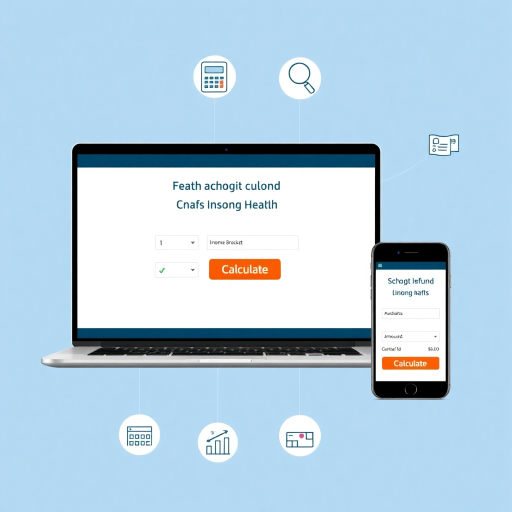 노트북이나 스마트폰 화면에 자신의 소득 분위와 연도별 상한액을 입력하여 예상 환급액을 확인하는 인터페이스를 보여줍니다. 정보 검색과 계산의 편리함을 강조하며, '계산기', '돋보기', '차트' 등의 아이콘을 함께 배치하여 정보성 기능을 부각합니다.