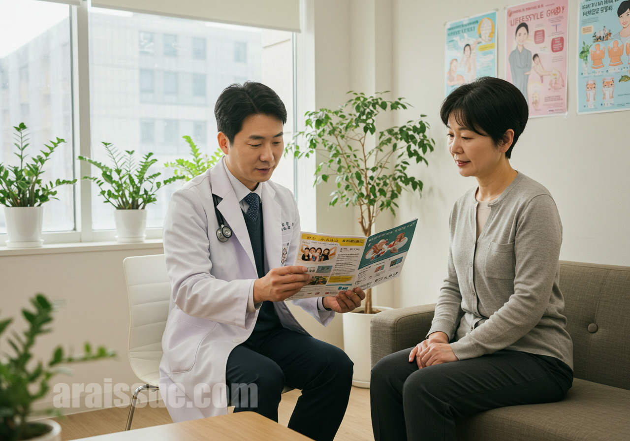 의사가 환자에게 당뇨 생활습관 지침을 설명하는 장면