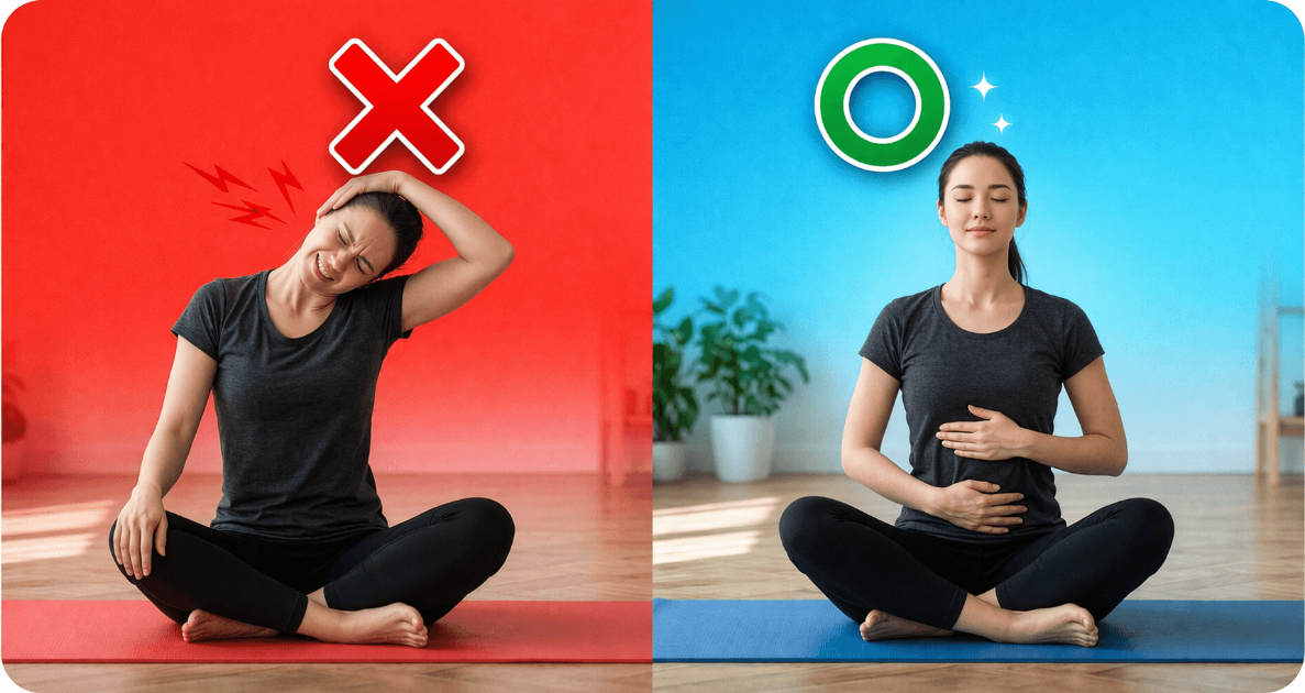 빨간색 X로 표시된 잘못된 목 스트레칭 동작과 초록색 O로 표시된 올바른 횡격막 호흡법을 대비시킨 거북목 교정 정보성 이미지