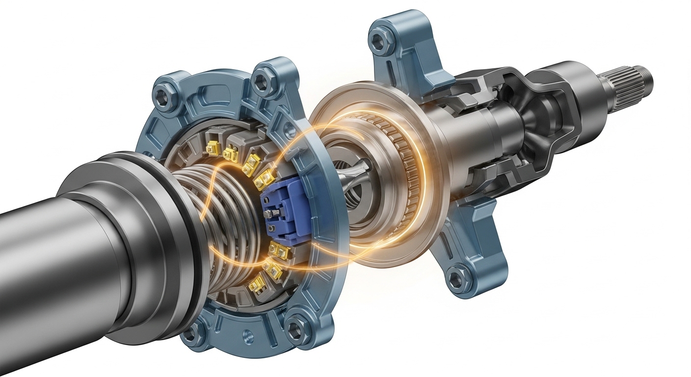 자동차 스티어링 컬럼의 내부 구조를 보여주는 단면도. 클럭 스프링과 유니버설 조인트 등 소음 발생 가능 부품이 표시되어 있습니다