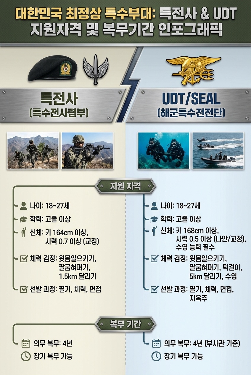 특전사와 UDT 복무기간&middot;연봉&middot;지원자격 요약 이미지