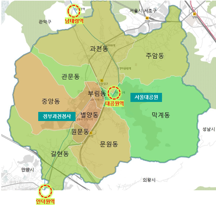 2019년초 기준, 과천시 법정동 출처 세계사이버대학교 부동산금융자산학과