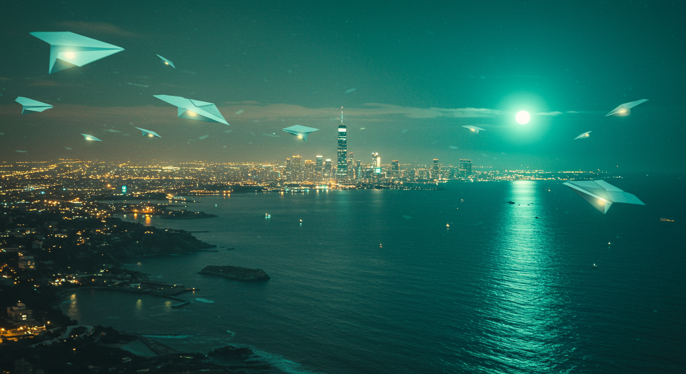 밤하늘 아래 도시와 바다가 겹쳐진 몽환적인 장면, 종이비행기가 빛을 내며 떠다니는 꿈의 이미지를 상징적으로 표현한 대표 일러스트