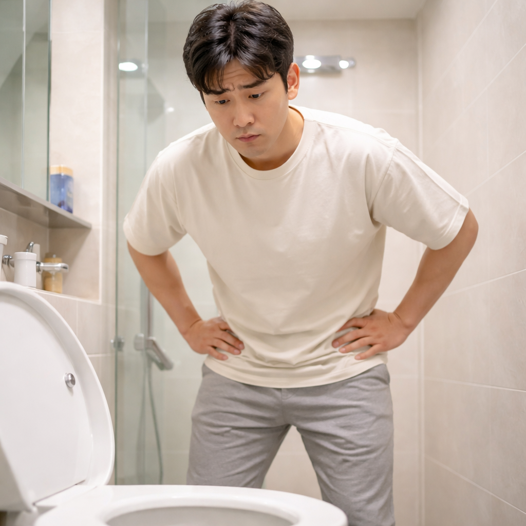 요로결석에서 나타날 수 있는 혈뇨를 의심하며 소변 색을 확인하는 상황을 표현한 이미지