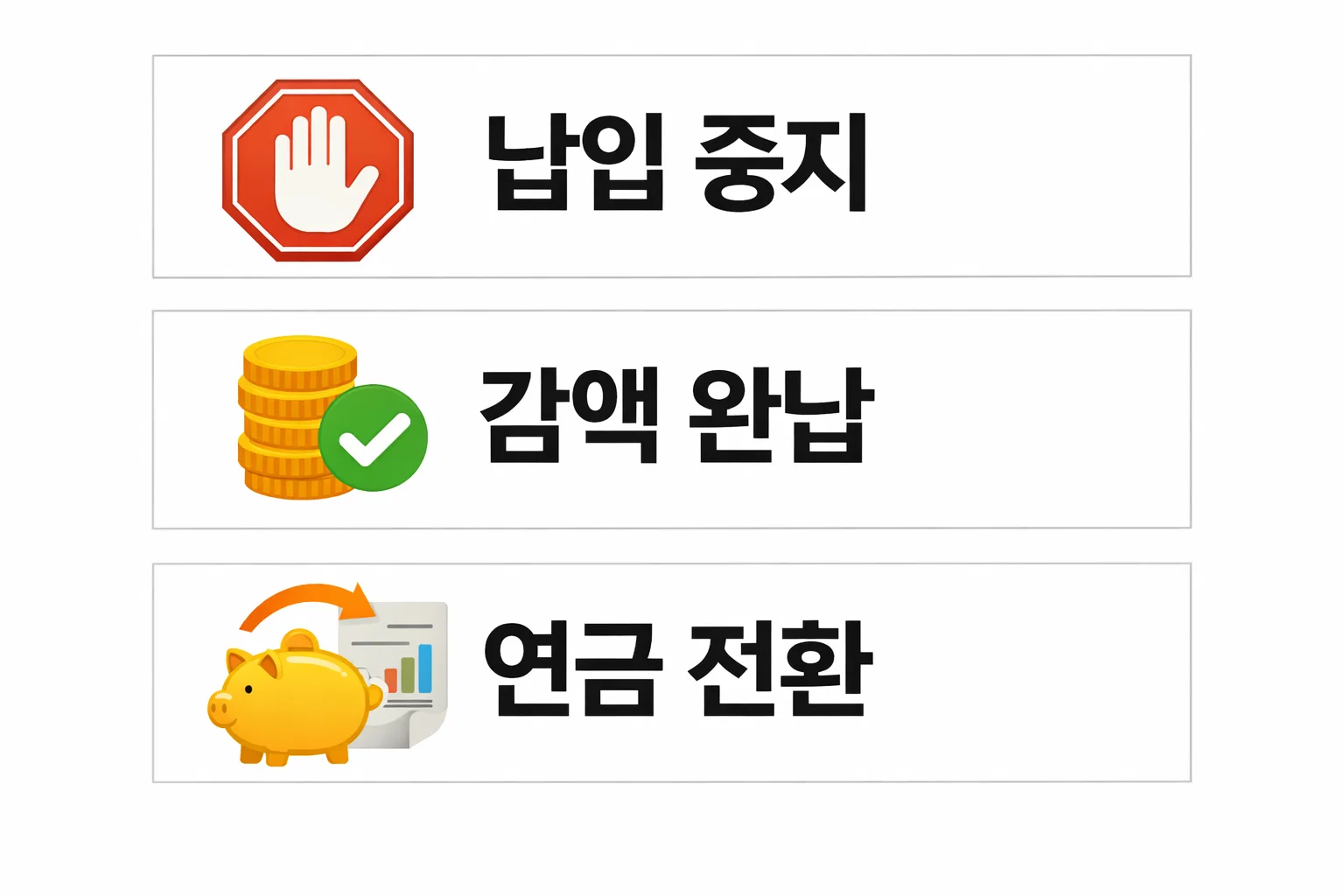연금보험 해지환급금 손실을 줄이기 위해 납입 중지, 감액 완납, 연금 전환 전략을 비교 정리한 이미지