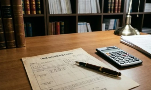 1세대 실손보험 계약서와 계산기가 책상 위에 놓여진 이미지