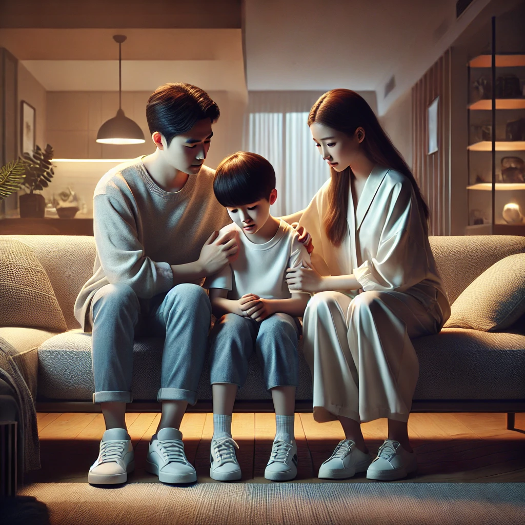 부모가 아이를 안아주며 항상 함께하겠다는 메시지를 전하는 장면이 아늑한 환경 속에 담겨 있습니다.