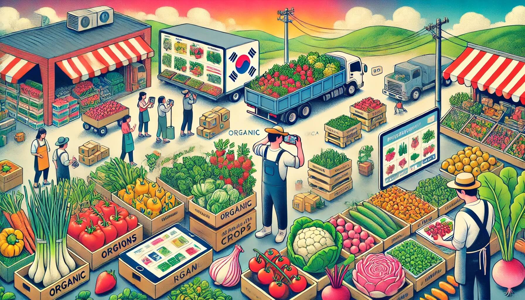 도매시장, 온라인 판매, 최신 소비 트렌드를 각각 상징하는 장면