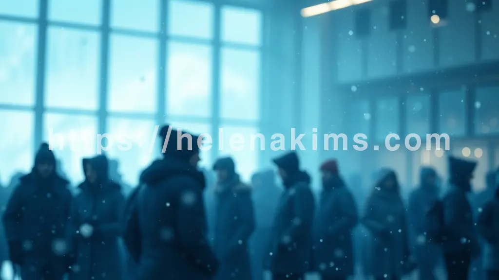 겨울 옷을 입은 사람들의 흐릿한 실루엣이 실내 공간에 모여 있으며, 공기 중에 미세한 입자들이 부유하는 모습.