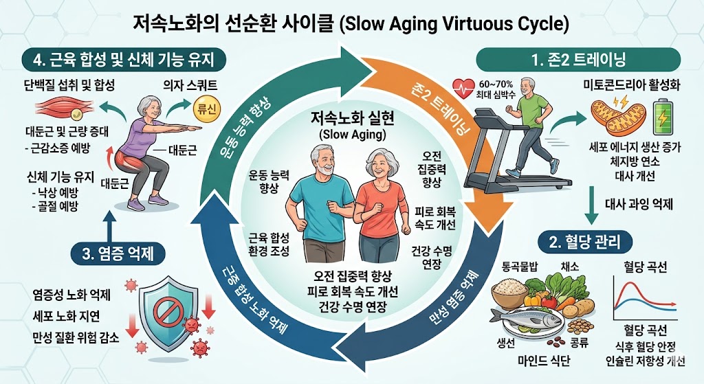 이 도식은 존2 트레이닝을 통한 미토콘드리아 활성화, 혈당관리를 통한 염증 억제, 그리고 근육 합성을 통한 신체 기능 유지를 통합적으로 보여주는 이미지 임.
