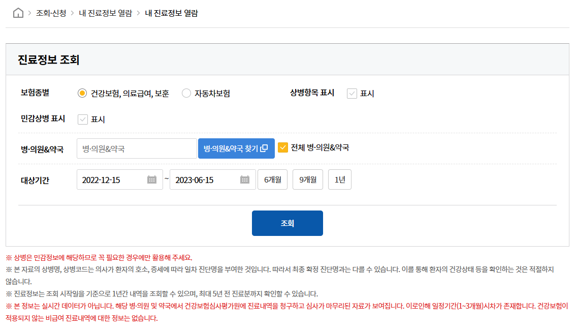 진료정보-조회-화면이다