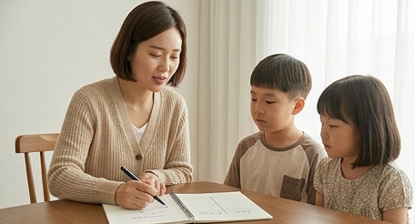 엄마가 노트에 표를 그리며 설명하는 모습