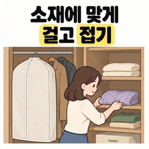 소재에 맞게 걸고 접기라는 문구와 천 커버가 걸린 옷장 옆 선반에 접은 보라색 니트를 넣는 여성