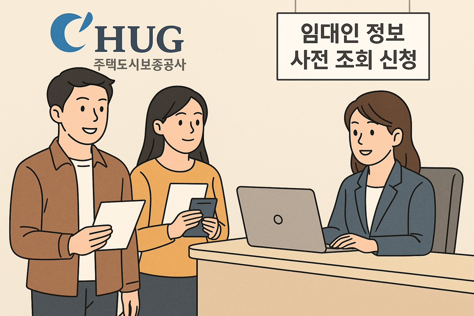 임대인 정보 사전 조회 HUG 지사 방문 신청하는 젊은 부부 