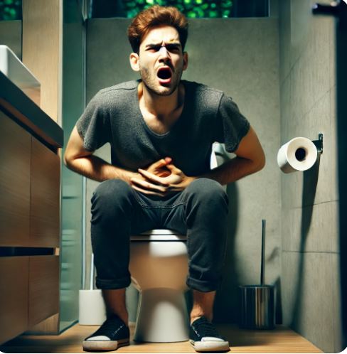 변비로 힘들어하는 남성의 모습을 보여주는 사진